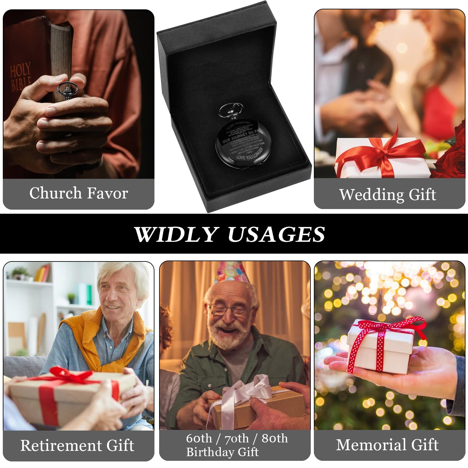 Reloj de bolsillo mecánico grabado con texto en inglés "To My Husband" para marido, relojes de bolsillo mecánicos personalizados con caja de cuero para hombres, regalo de cumpleaños y día de