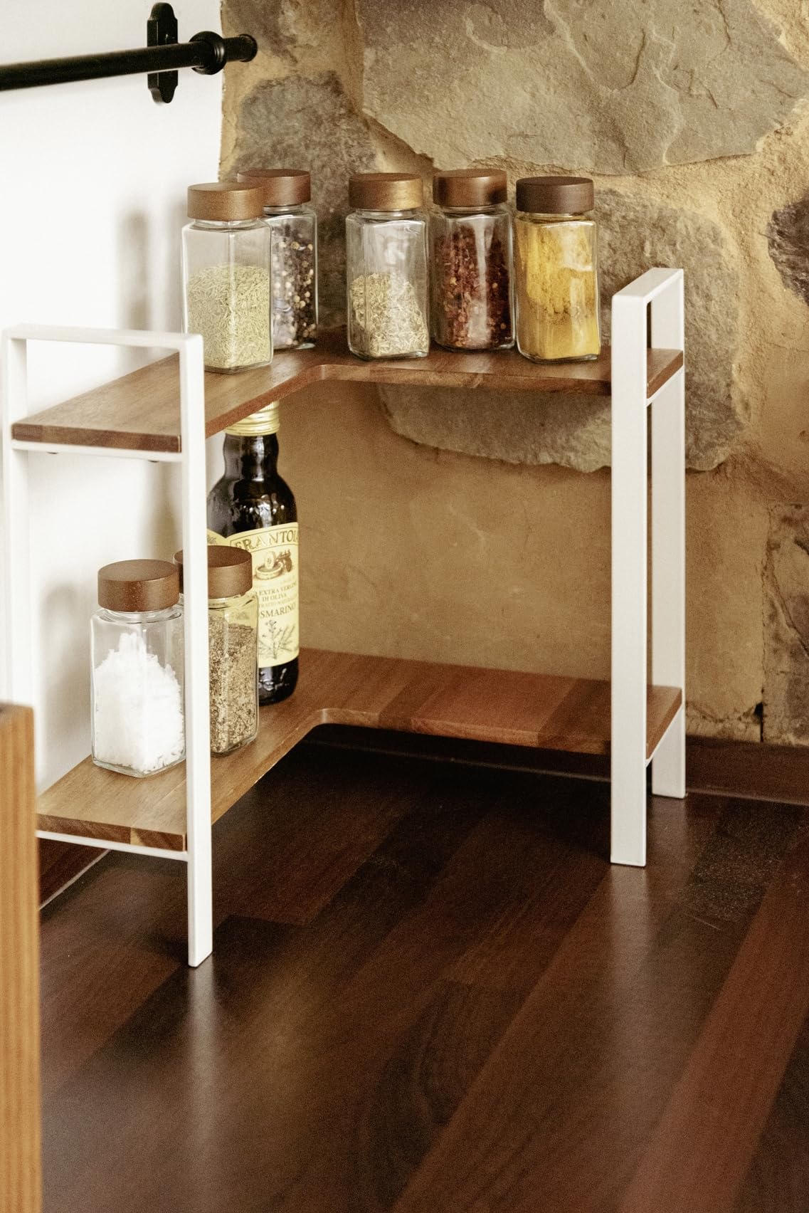 Mensola Angolare Wenko Lou - 30x33x30cm, Metallo Nero E Bamb&ugrave;, Per Cucina O Bagno