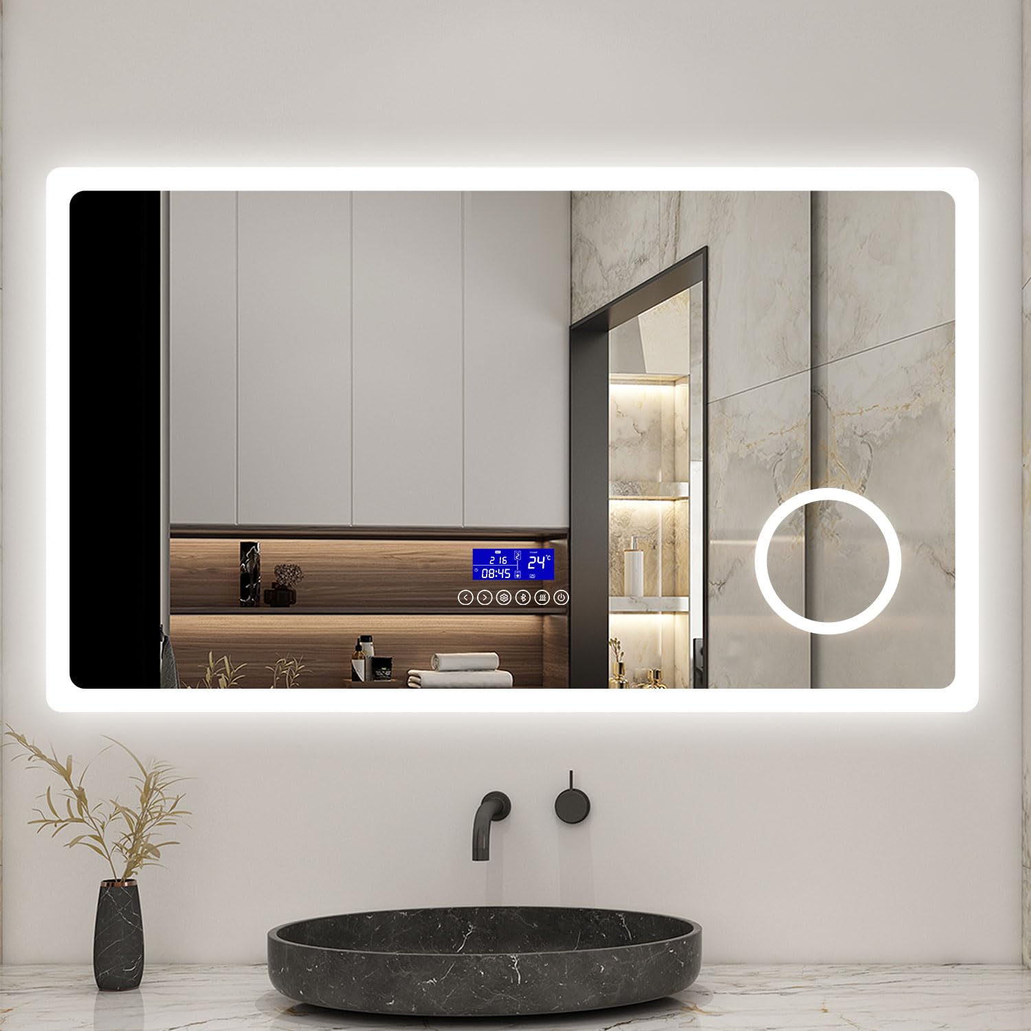 AICA Miroir Salle de Bain 120 x 70cm, Bluetooth + 3 Couleurs + dimmable + grossissant + Horloge + Anti-buée + mémoire, Miroir Lumineux