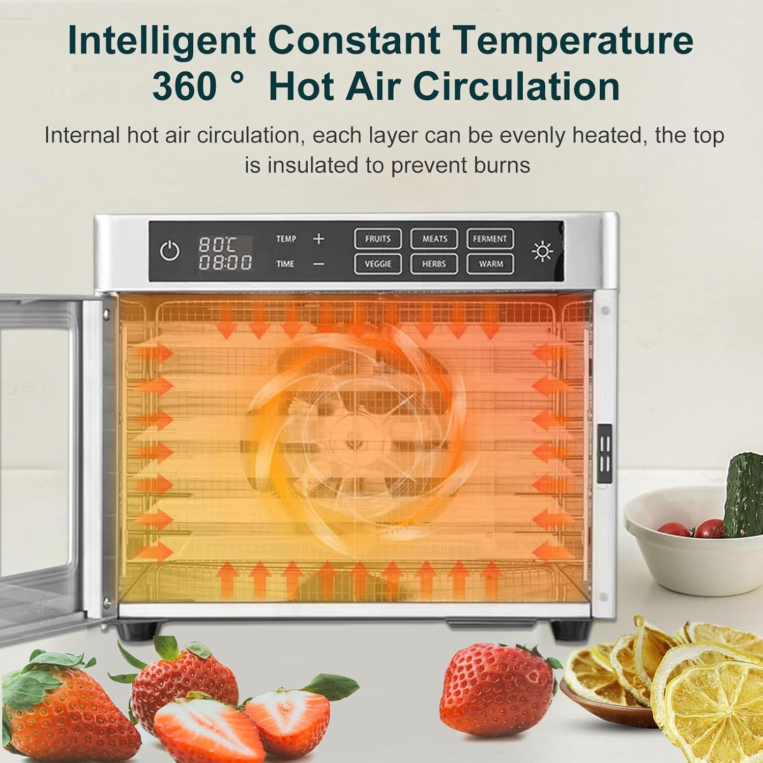 500W Food Dehydrator, Stainless Steel Dehydrator Machine with 24H Adjust Digital Timer and Led Display Screen, Fruits and Vegetables Drying Maker, 360 ° Circulating Heati,