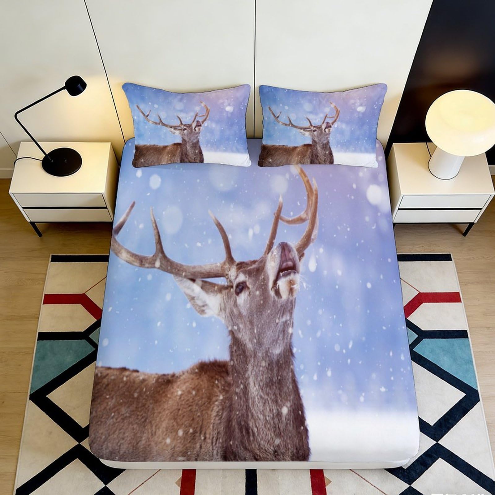 3D Printed Snowy Deer Fitted Sheet Microfiber Soft Durable Winter Scene Bed Cover for Bedroom Dormitory Guest Room Mattress Protection Decor 180x200x25cm