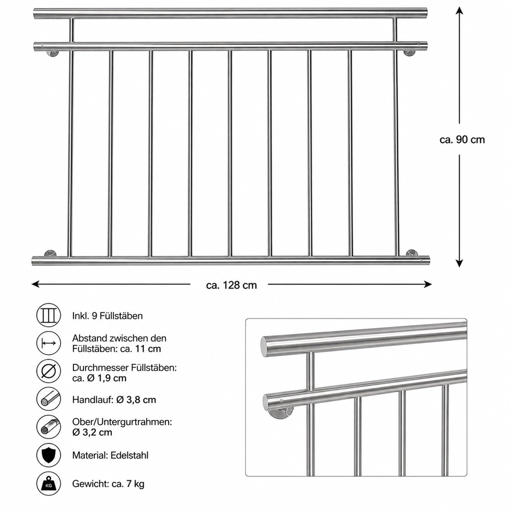 Mucola Französischer Balkon 90x128CM Stabgeländer Edelstahl V2A Fenstergeländer Stabgeländer Terrassengeländer Brüstung Balkongeländer Fenstergitter