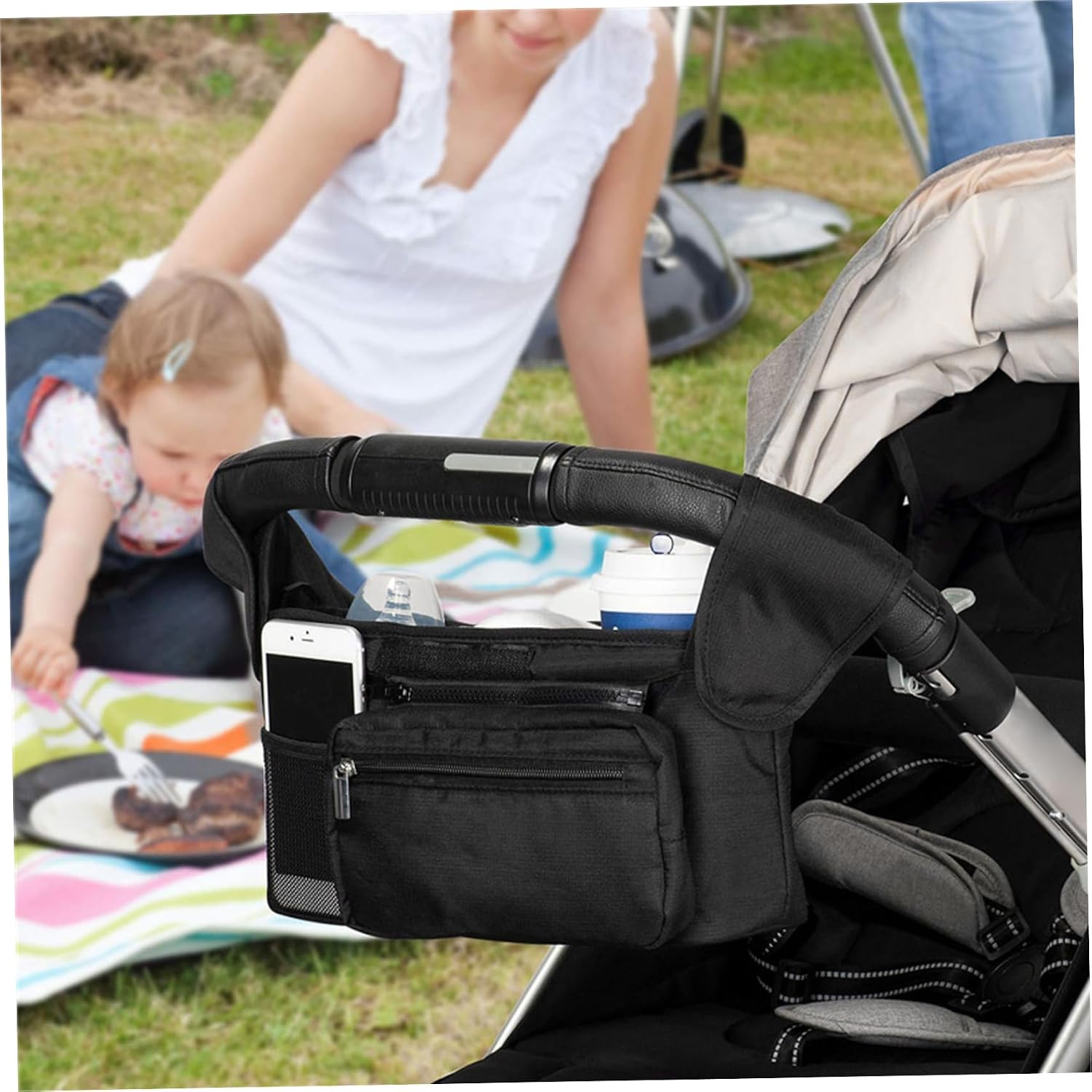 Stroller Caddy Waterproof Stroller Cup Holder 3 Compartment Diaper Bag with Removable Front Bag & Mesh Pocket All-Purpose Organizer Caddy