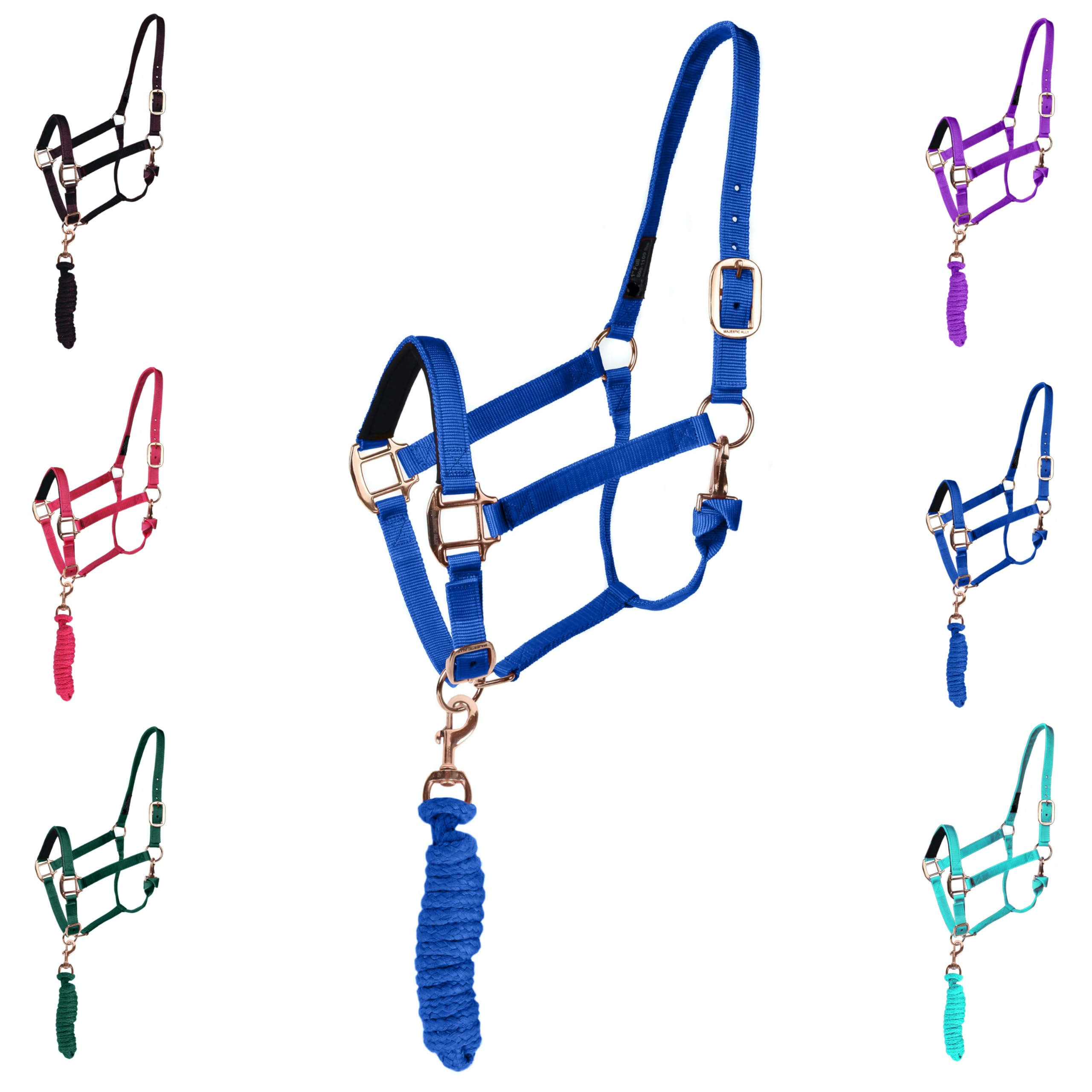 Majestic Ally Halter with Lead Rope for Horses–Adjustable Chin and Crown–Rolled Throat Latch with Replaceable Snap–Padded Noseband–Heavy Duty Rose Gold Finish Hardware–Full (Royal Blue, Pony)