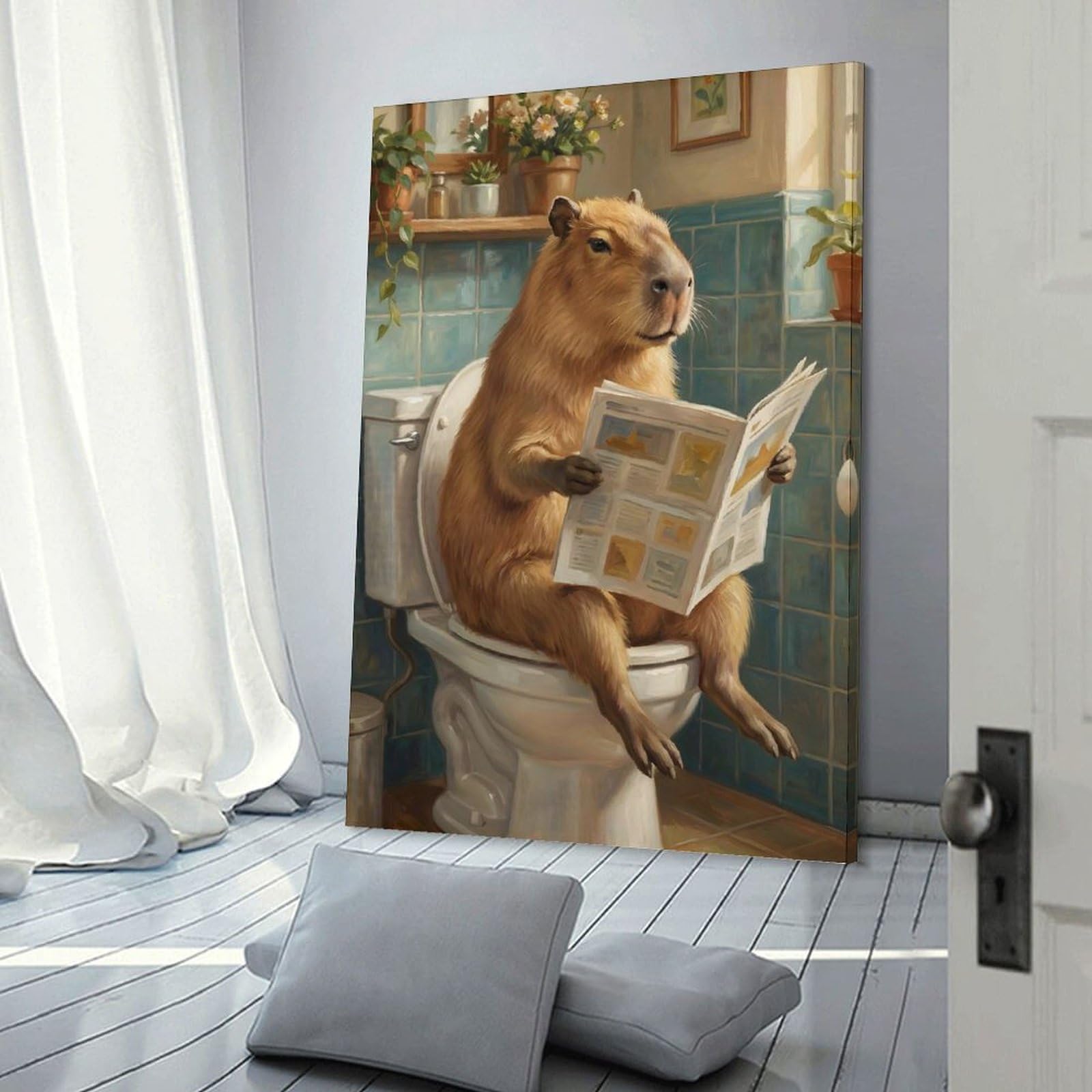 Junmoney Frame-Style-24 Canvas Art Print Capybara Reading Newspaper On Toilet, 20X30inch(50X75cm), For Contemporary Homes, Apartments Or Offices, Decorative Canvas Decor For Home Updates
