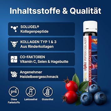 Alpha Peptide Collagen Drinking Ampoules (Pack of 50) - 10000mg Collagen Hydrolyzate Sologel (R) Vitamin C Selenium Rose Hip Premium with Bioactive Peptides for Bone Joints Skin