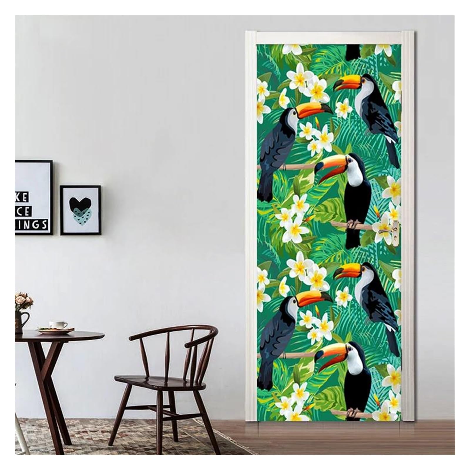 Autocollant de porte fleurs et oiseaux effet 3D en PVC premium pour decoration moderne
