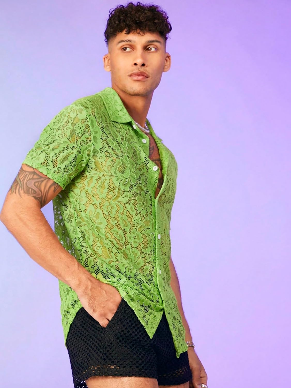 WDIRARA Men's Floral Sheer Mesh See Through Button Up Short Sleeve Collar Party Club Tops Shirt - Image 4