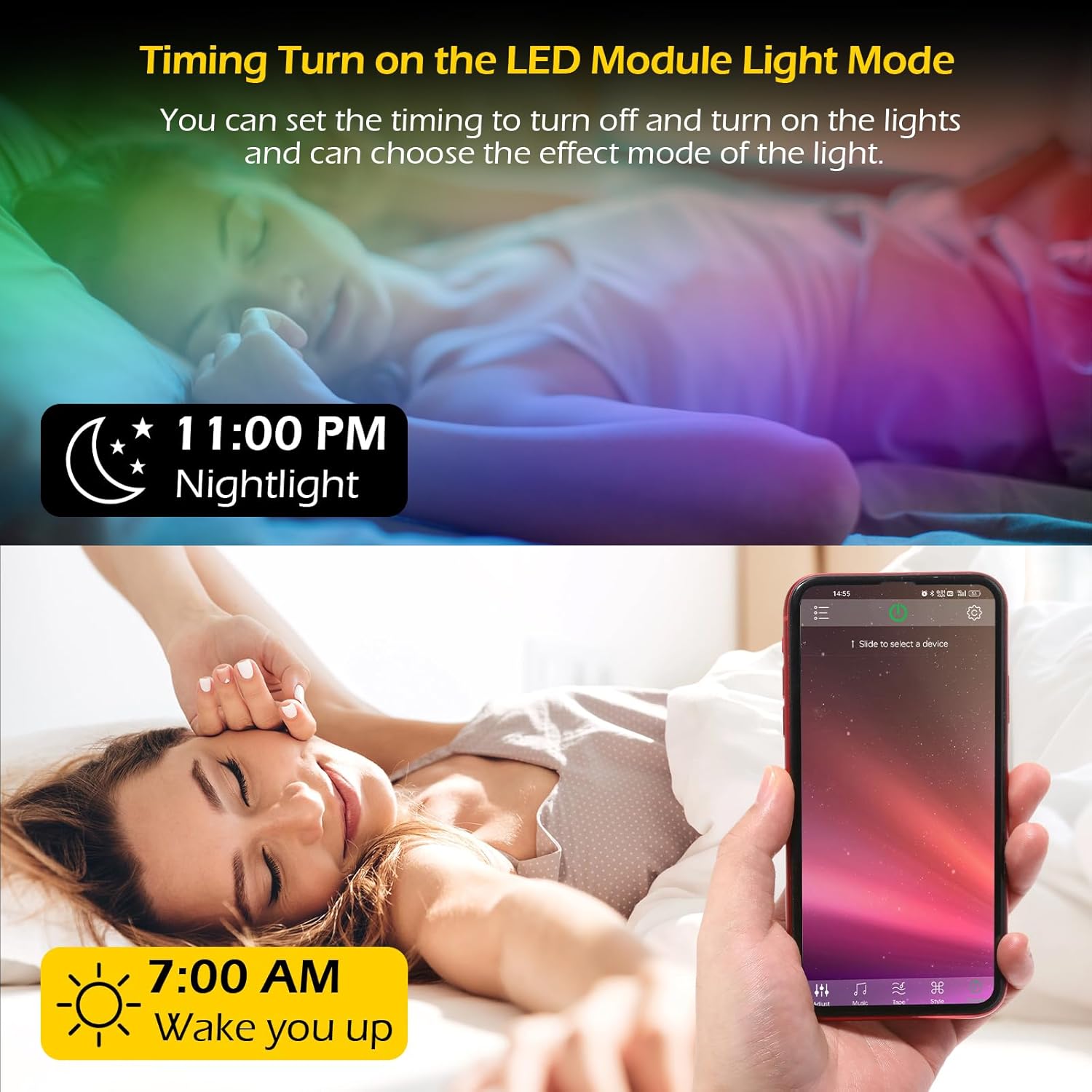 Two images showing timing functions: one for nightlight at 11:00 PM and another for wake-up at 7:00 AM, controlled via a smartphone app.