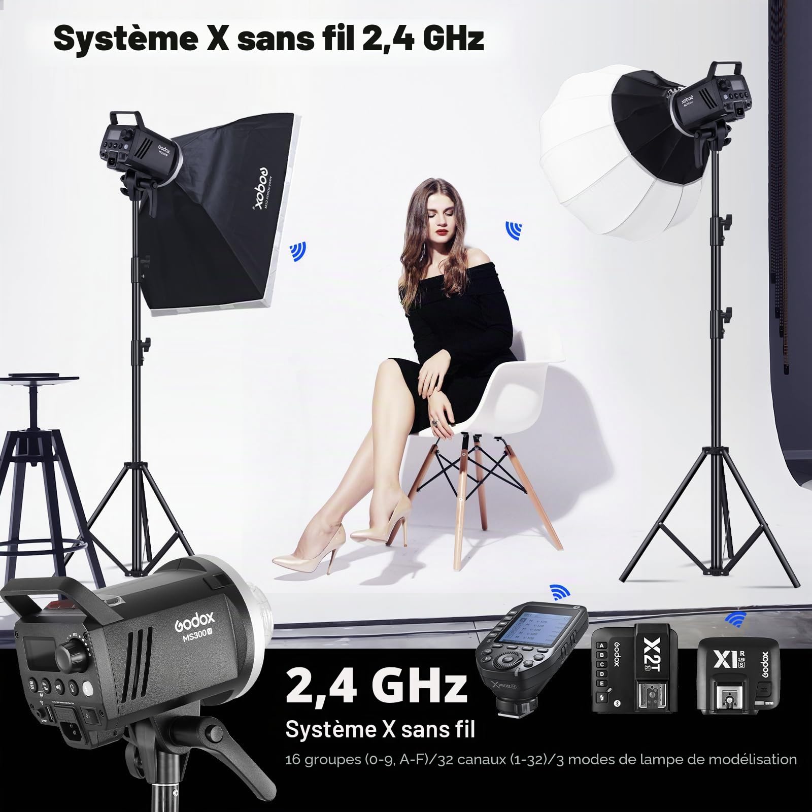 Lot de 2 kits flash GODOX MS300V pour enregistrements en studio, vidéo et portrait, avec trépied à lumière Softbox
