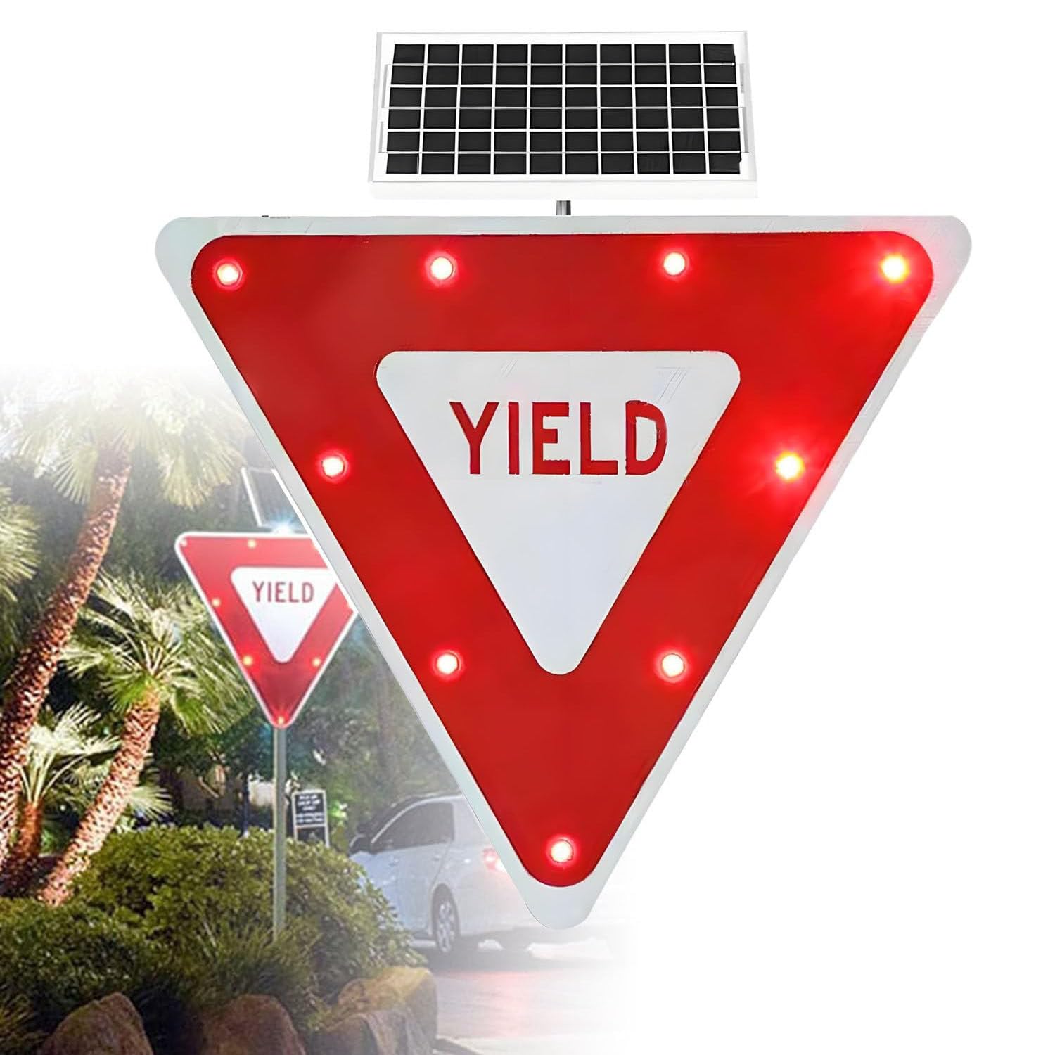 ROEFETY Triangle Flashing LED Crossing Sign,Upgraded Solar Warning LED Yield Sign,IP65 Waterproof with Mounting Accessories Engineer Grade Reflective,Solar Powered Yield Sign 1piece