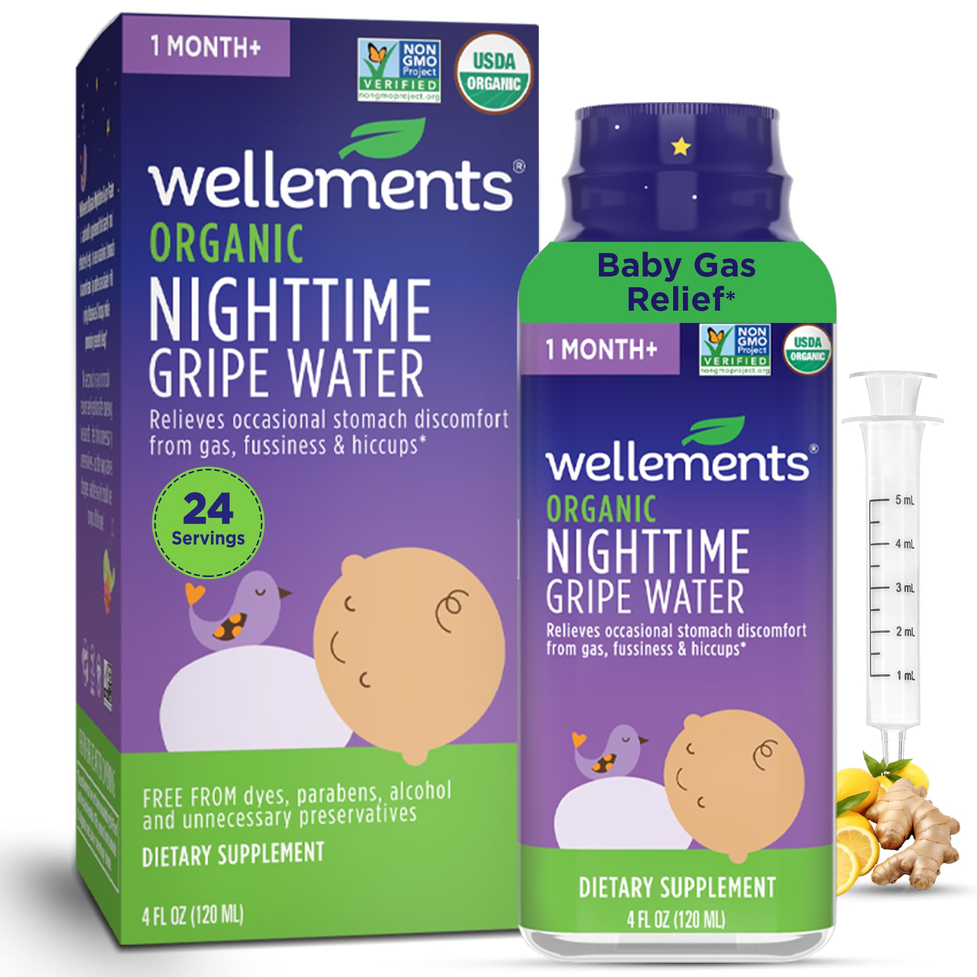 Organic Nighttime Gripe Water, 4 Fl Oz, Eases Baby's Stomach Discomfort, Free from Dyes, Parabens, Alcohol, Preservatives