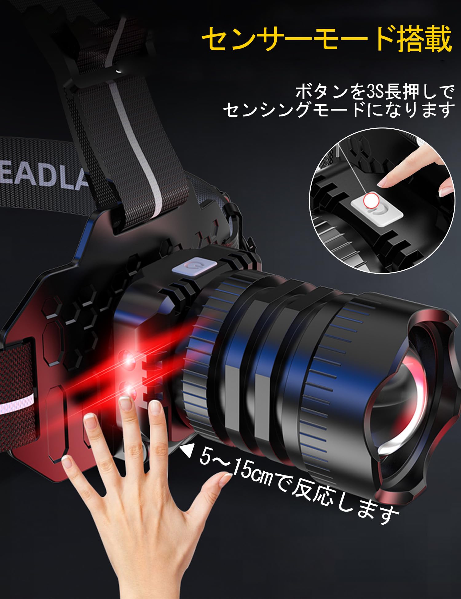 人気 18650 5灯式 5段階の点灯モード LEDヘッドライト SGODDE 超高