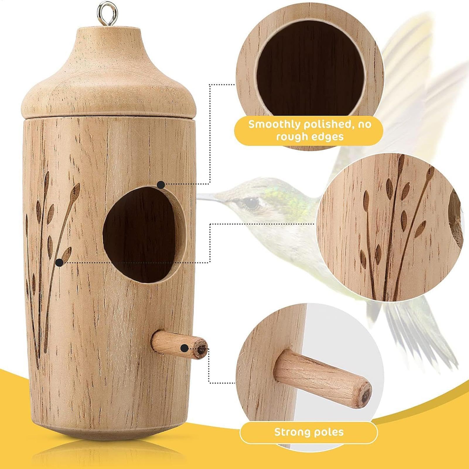 Abri en Bois pour colibris avec Corde, Maison pour Oiseaux en Plein air | Mangeoire compacte pour Oiseaux et boîte | Habitat de Colibri de Jardin, décoration Naturelle pour la Cour arrière