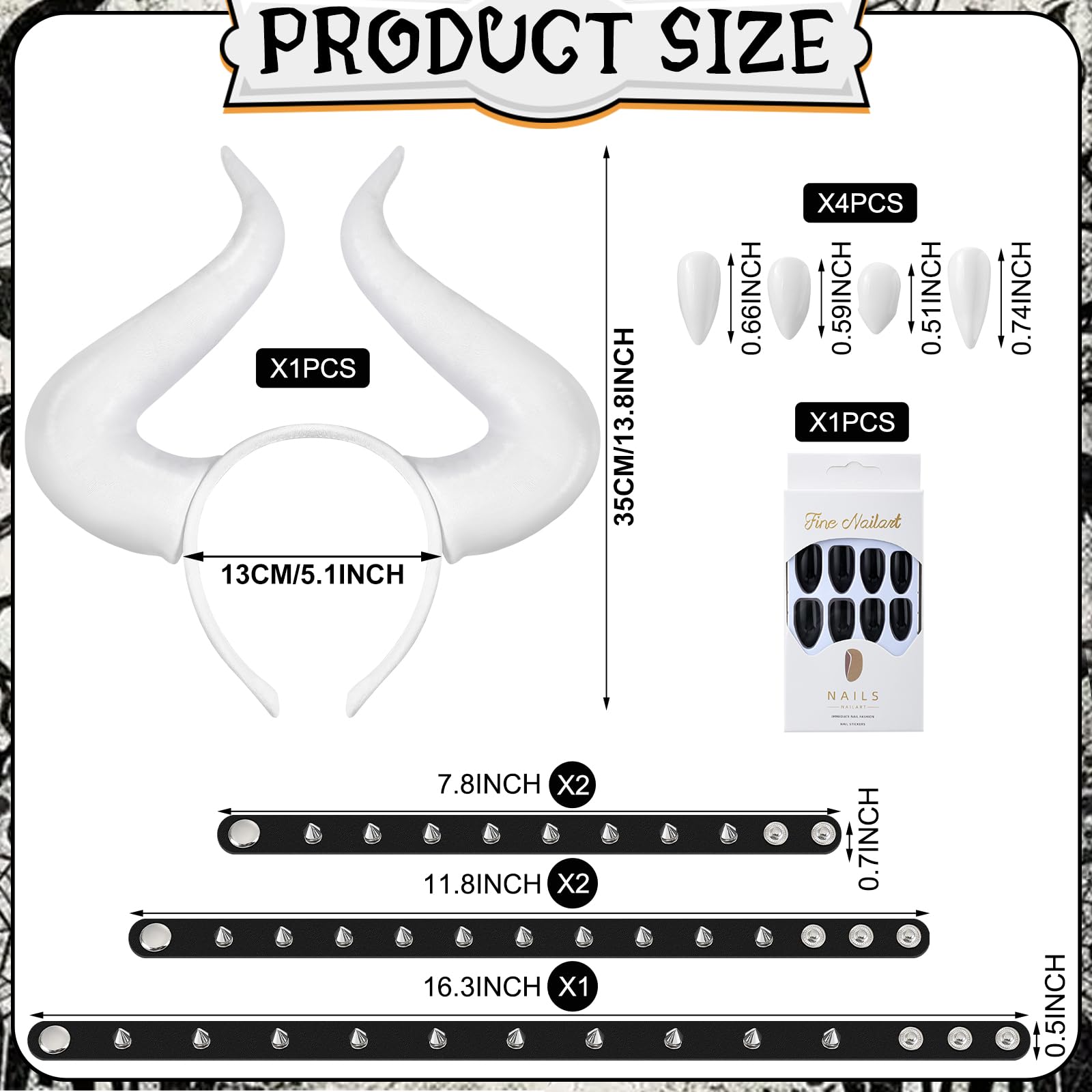 12 Pcs White Horns Halloween Cosplay Accessories Includes Horns Headband Spike Bracelet Leather Studded Bracelet Vampire Teeth Choker Cuff Fake Nails for Women Halloween Party Cosplay