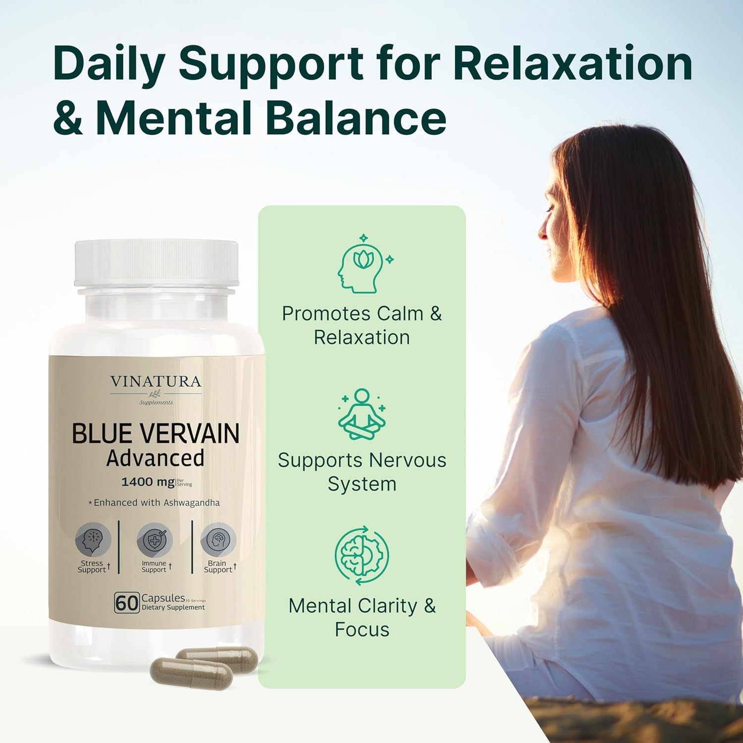 VINATURA Blue Vervain Advanced with Ashwagandha - 1400mg per serv, Blue Vervain Capsules, Blue Vervain Tea Alternative, Brain Health, Stress Relief, Ashwagandha Supplements - 60 Capsules