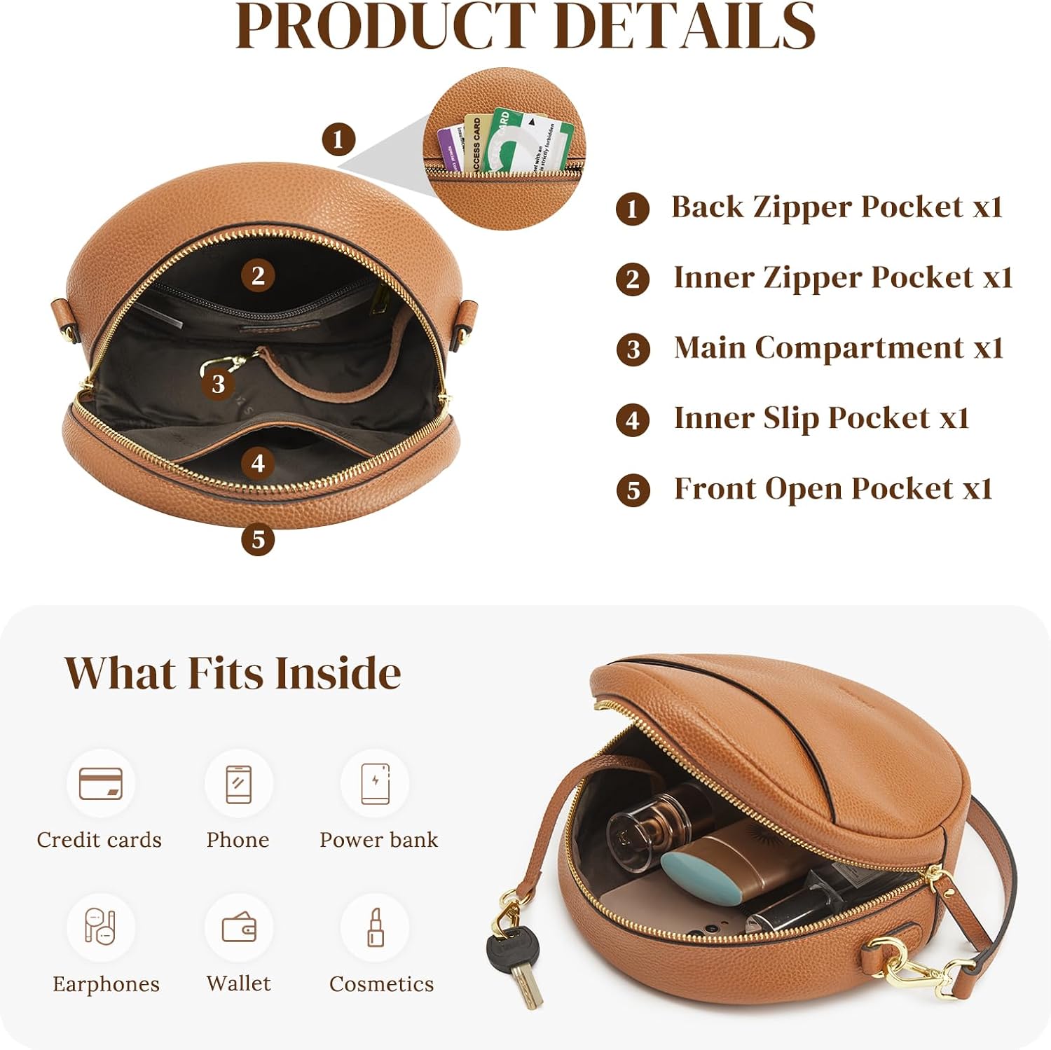 S-ZONE Leather Crossbody Bags for Women Vintage Circle Shoulder Purse Trendy Round Handbag with Adjustable Strap - Image 4