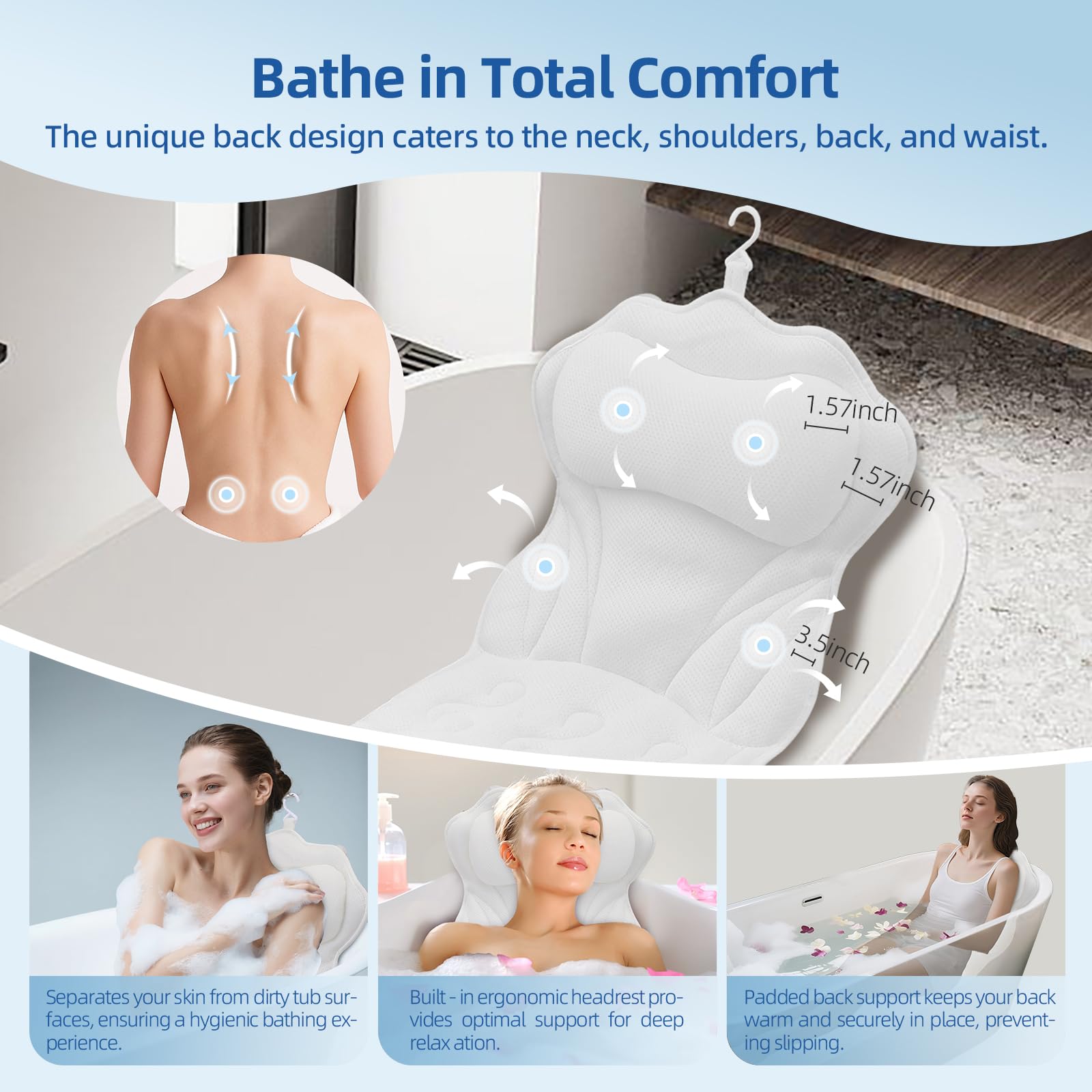 Coussin de Bain pour Tout Le Corps,Tapis de Baignoire épais avec Coussin pour Femmes,Tapis de Baignoire épais avec 16 Ventouses Coussin de Baignoire pour la Tête,la Nuque,Les épaules