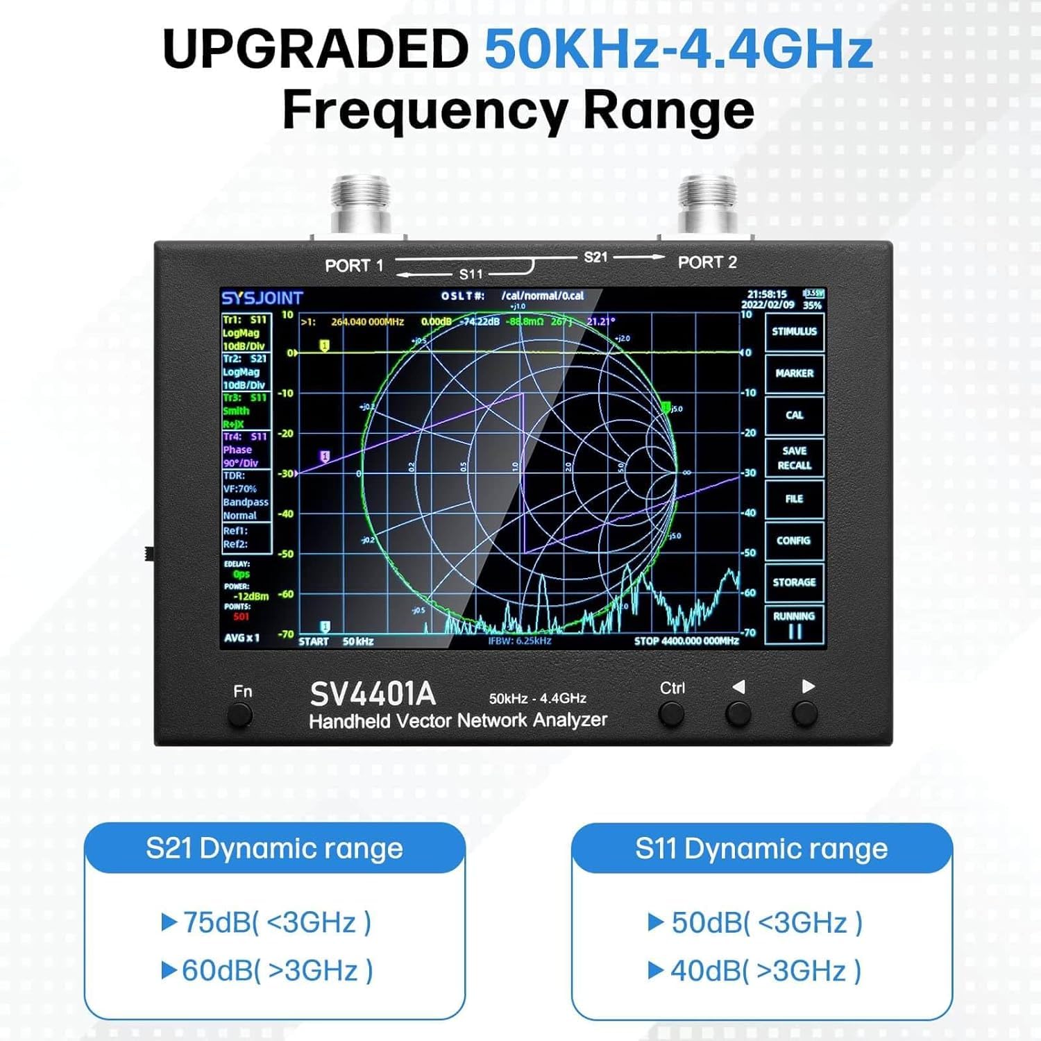 SV4401A - Analizzatore di rete vettoriale, analizzatore antenna 50 kHz-4,4 GHz, con batteria 6700 mAh e 8 GB di memoria, misurazione VHF e misurazioni UHF dei parametri S, SWR, angolo di fase