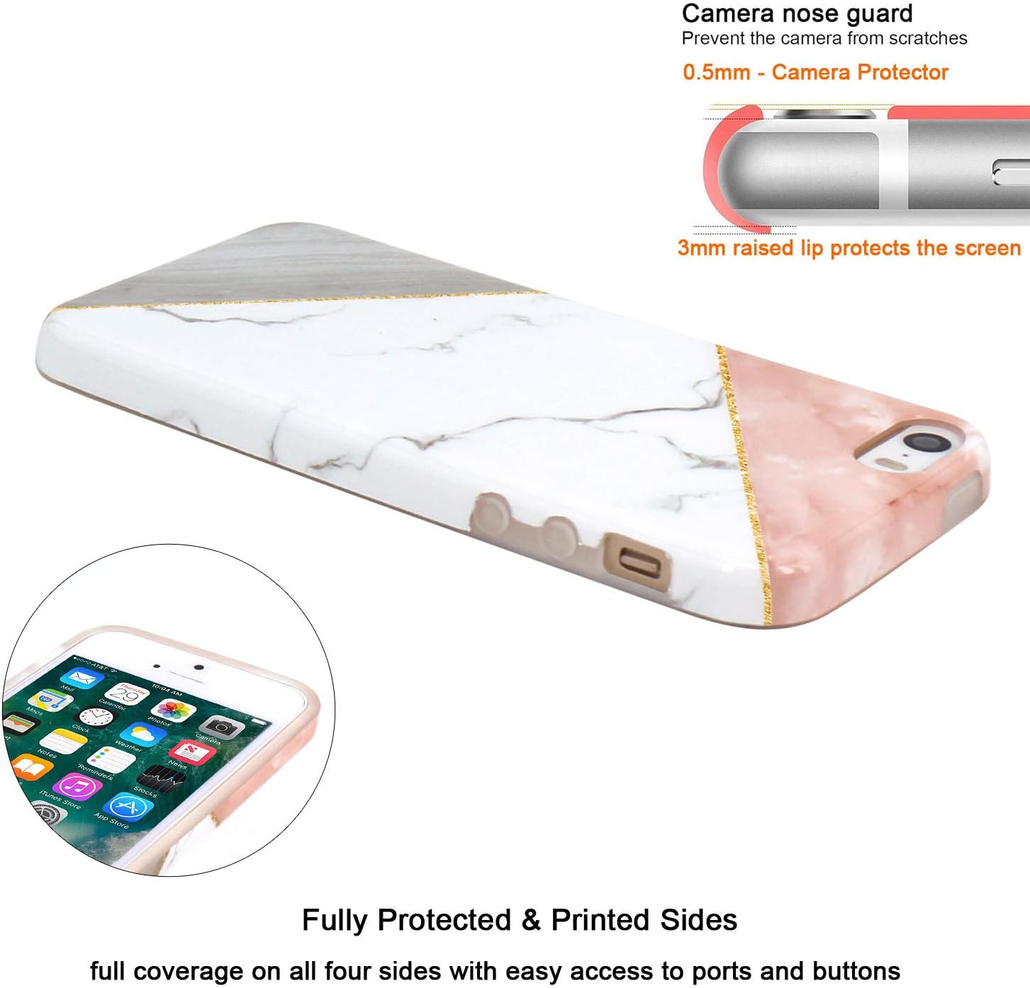 JAHOLAN iPhone 5 Case, iPhone 5S Case Geometric Marble Design Slim Shockproof Clear Bumper TPU Soft Case Rubber Silicone Cover Phone Case for iPhone 5 5S SE - Pink White Grey