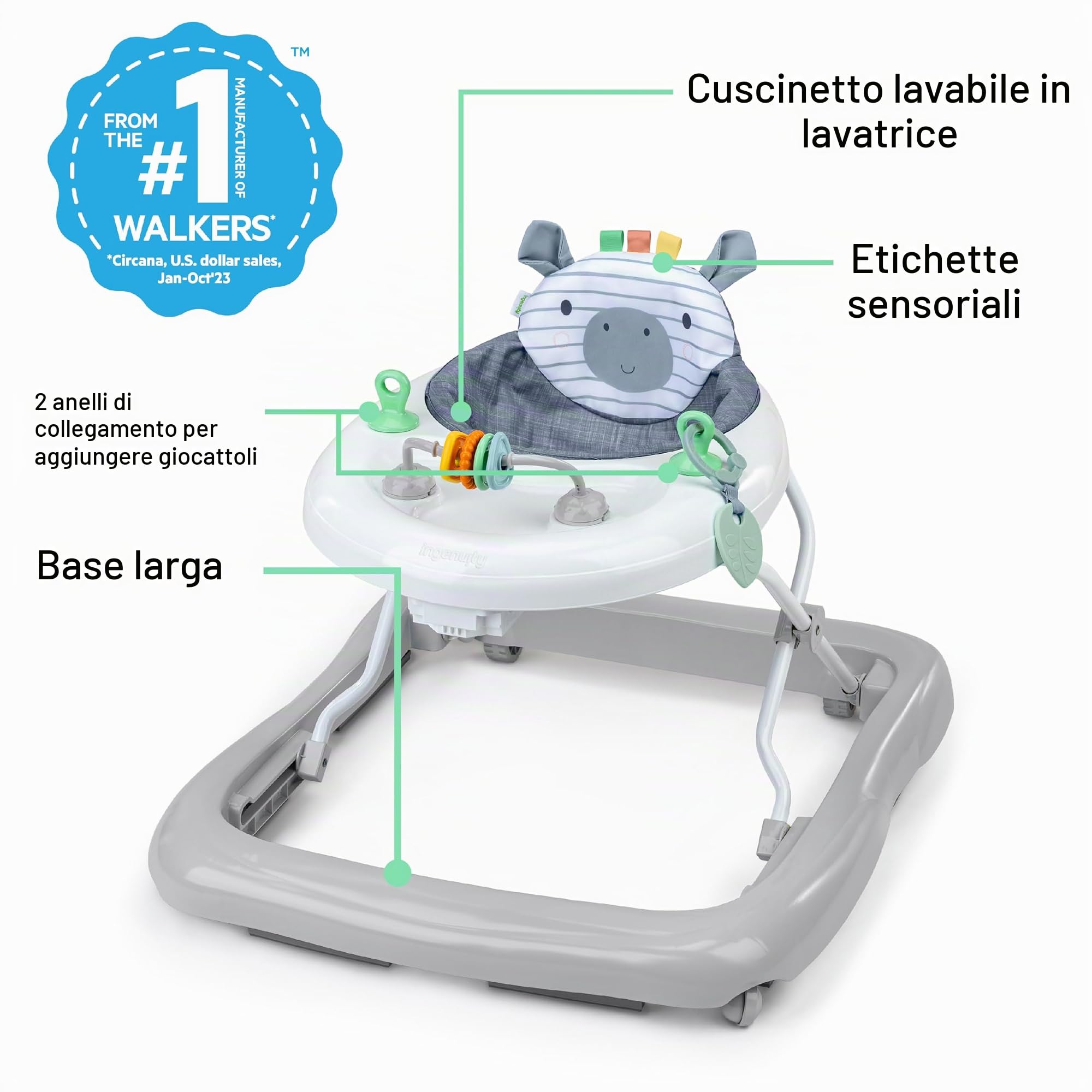 Ingenuity, Girello Multiattività Smooth Strides, Chambray, con Barra Regolabile in 3 Posizioni, Giocattoli Inclusi, Supporta lo Sviluppo, 6-12 Mesi