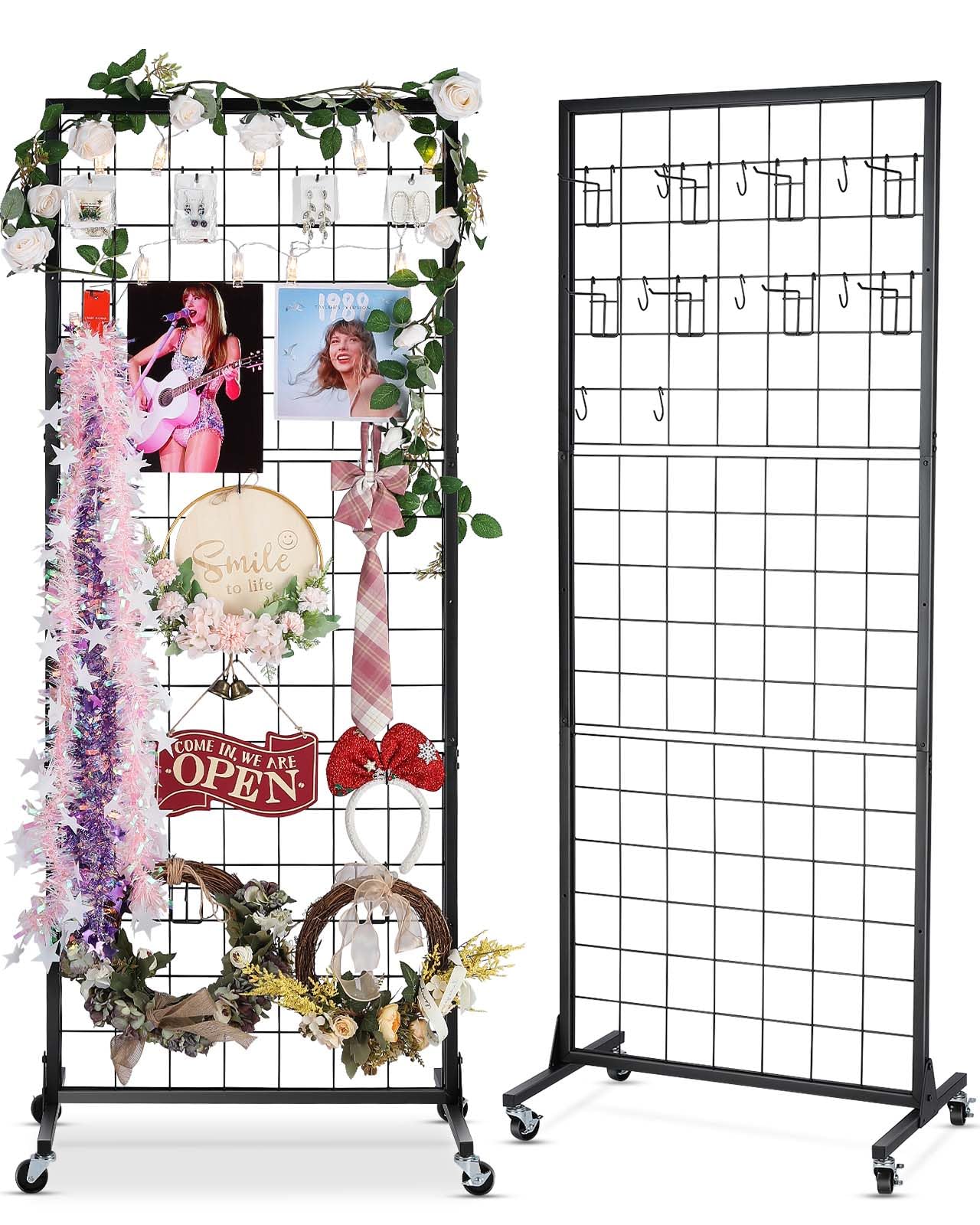 gridwall panel display stand rack- heavy-duty movable wire gridwall display racks with wheels and feet, floorstanding and wall mount double side display stand (black) (black, 2 pcs)