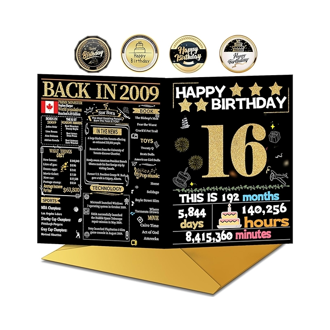 16岁生日卡片及信封，适合女孩男孩的生日装饰