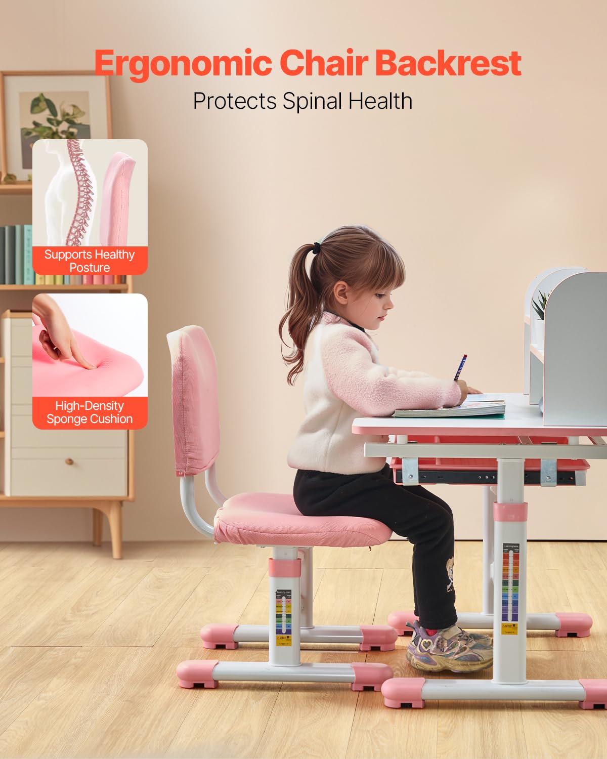 VEVOR Set Scrivania e Sedia per Bambini, Capacità di Carico di 100 kg Tavolo da Lavoro e Sedia per Bambini con Libreria e Cassetto, Regolabile in Altezza, per Camera da Letto e Studio, Rosa