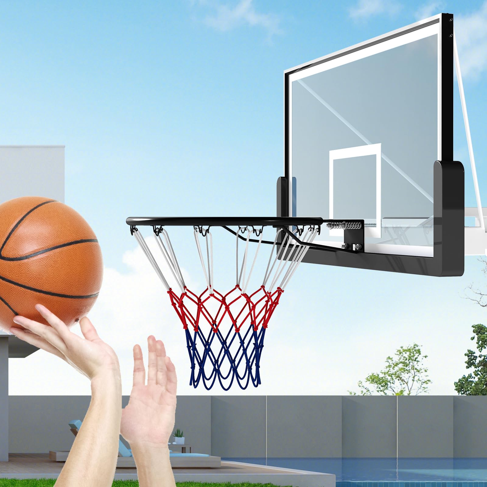 COSTWAY Canestro da Basket da Parete 45 cm, Anello da Pallacanestro da Muro con Doppie Molle e Rete per Tutte Le Stagioni, Cerchio Universale per Canestri da Interno ed Esterno