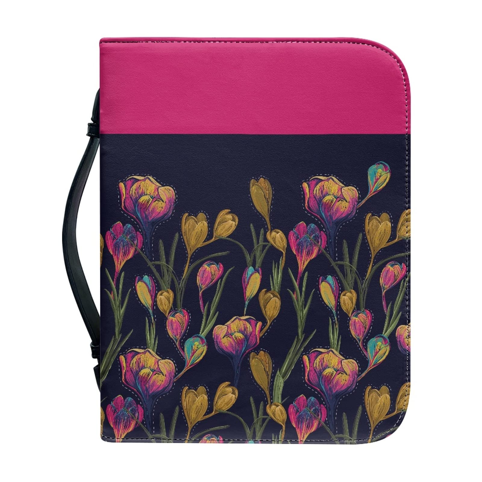 Kuiaobaty Crocus Flowers Bible Book Cover Protector Journaling Storage Organizer, Magenta Black Colorblock Book Case Faux Leather — image 1