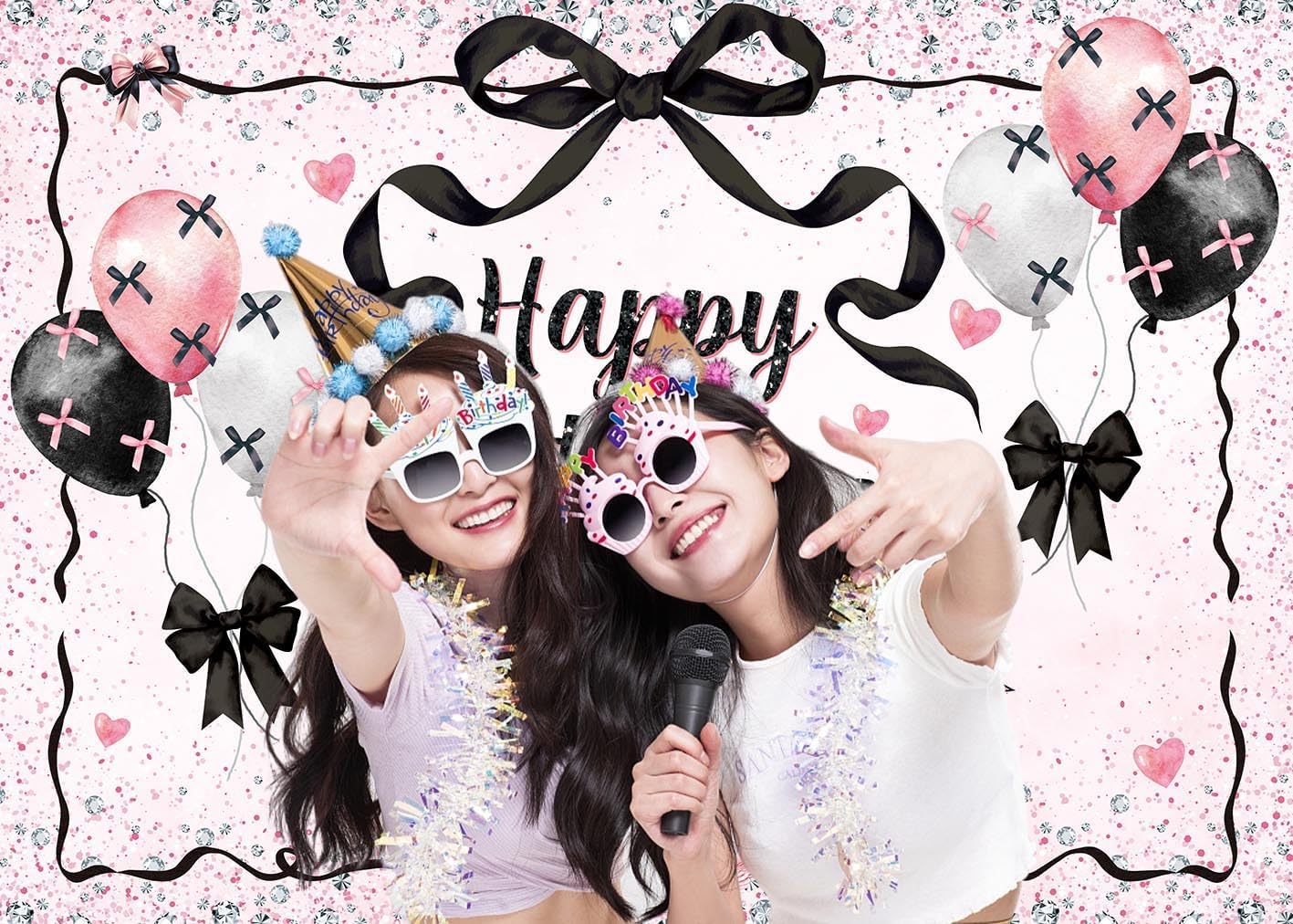 Black Pink Birthday Backdrop Black and Pink Bow Happy Birthday Photography Background Girls Women Party Decorations Banner Photo Props (8x6FT(94 x 70 inch))