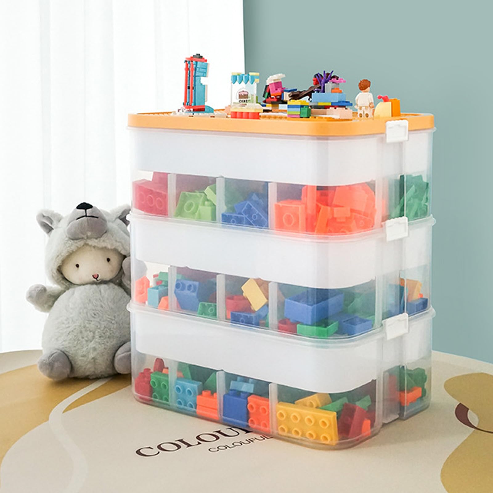 Contenitore per Giocattoli, Scatola di Immagazzinamento di Blocchi da Costruzione per Bambini con Coperchio, 3 Strati Scatole Plastica Impilabili Trasparenti con Scomparti per Riporre (Giallo)