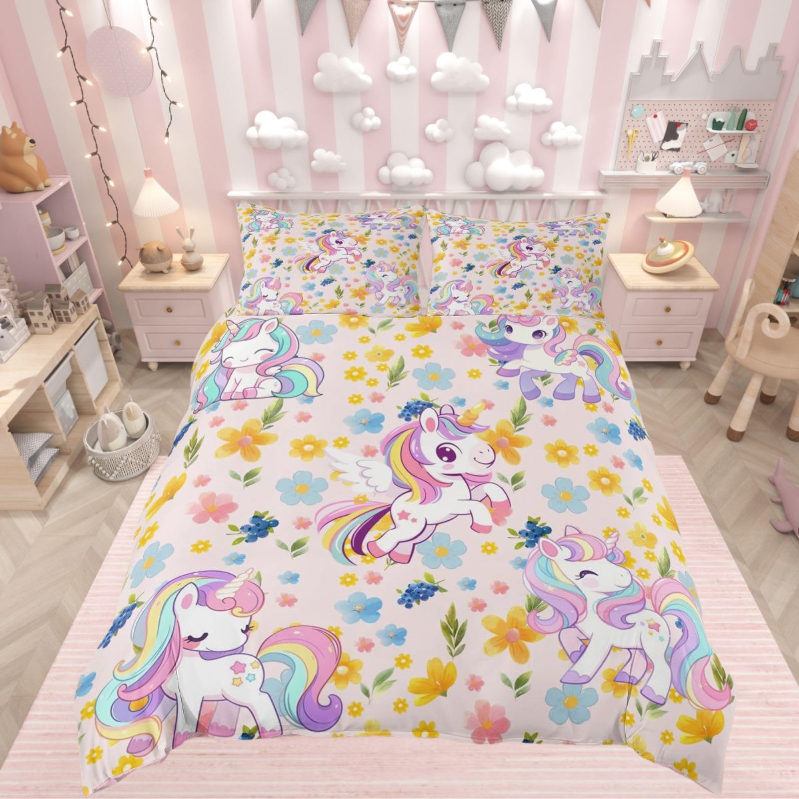 Homewish Girls Rainbow Unicorn Cot Duvet Cover Set Pink Reversible โ image 1