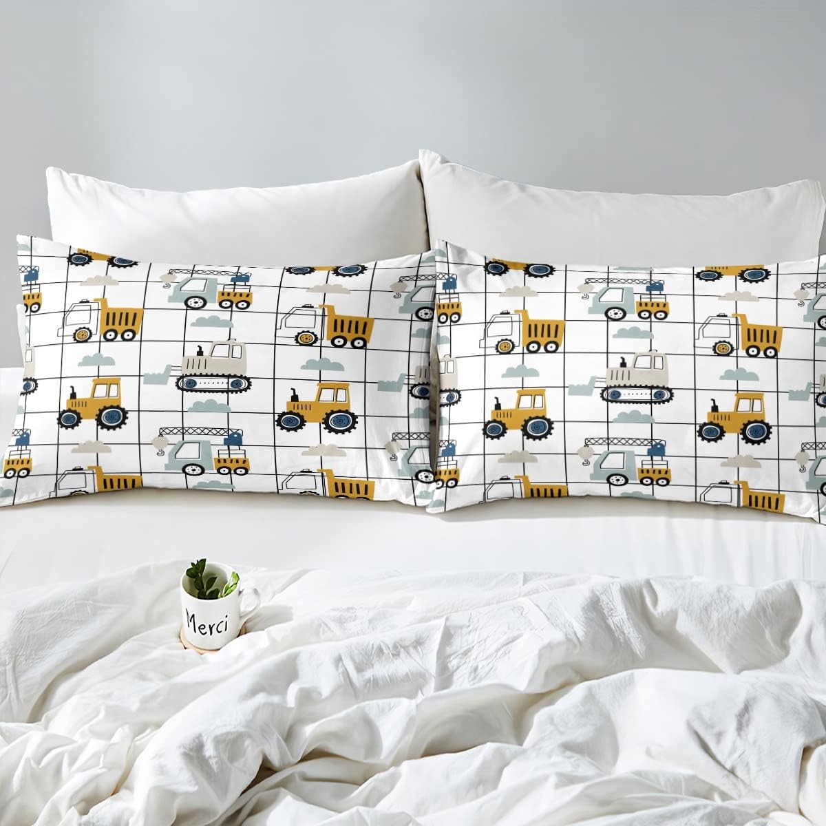 Cartoon Car Kids Duvet Cover Set Twin Size,Construction Equipment Trucks Bedding Set,Girls Boys Adults Home Decor,Tractor Excavator Crane Grids Comforter Cover,White Yellow Quilt Cover,1 Pillowcase image 5