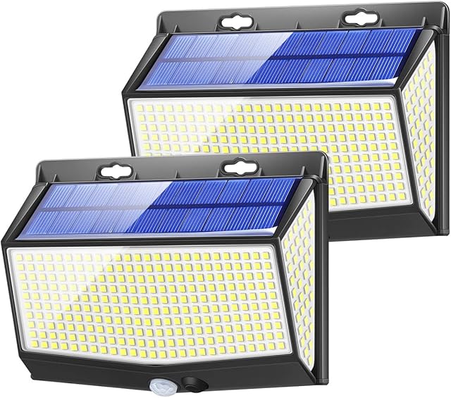 Solar Lights Outdoor, 2000LM Solar Fence Lights Outdoor IP65, 3 Modes 468 LED Solar Security Lights Outdoor Motion Sensor, 270° Wide Angle Outdoor Wall Lights Solar Powered Garden Lights Pack of 2