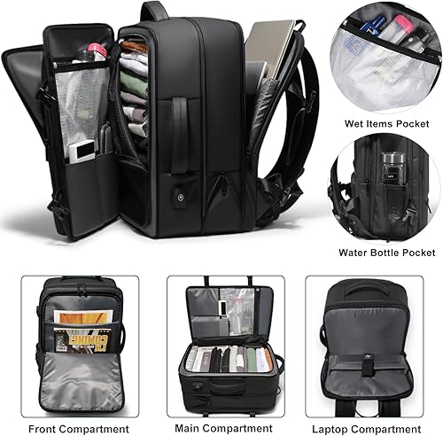 Miniatura 4 de FENRUIEN Mochila de viaje de 41L expandible para laptop de 17.3 pulgadas para hombre, Negro -, Mochilas de viaje