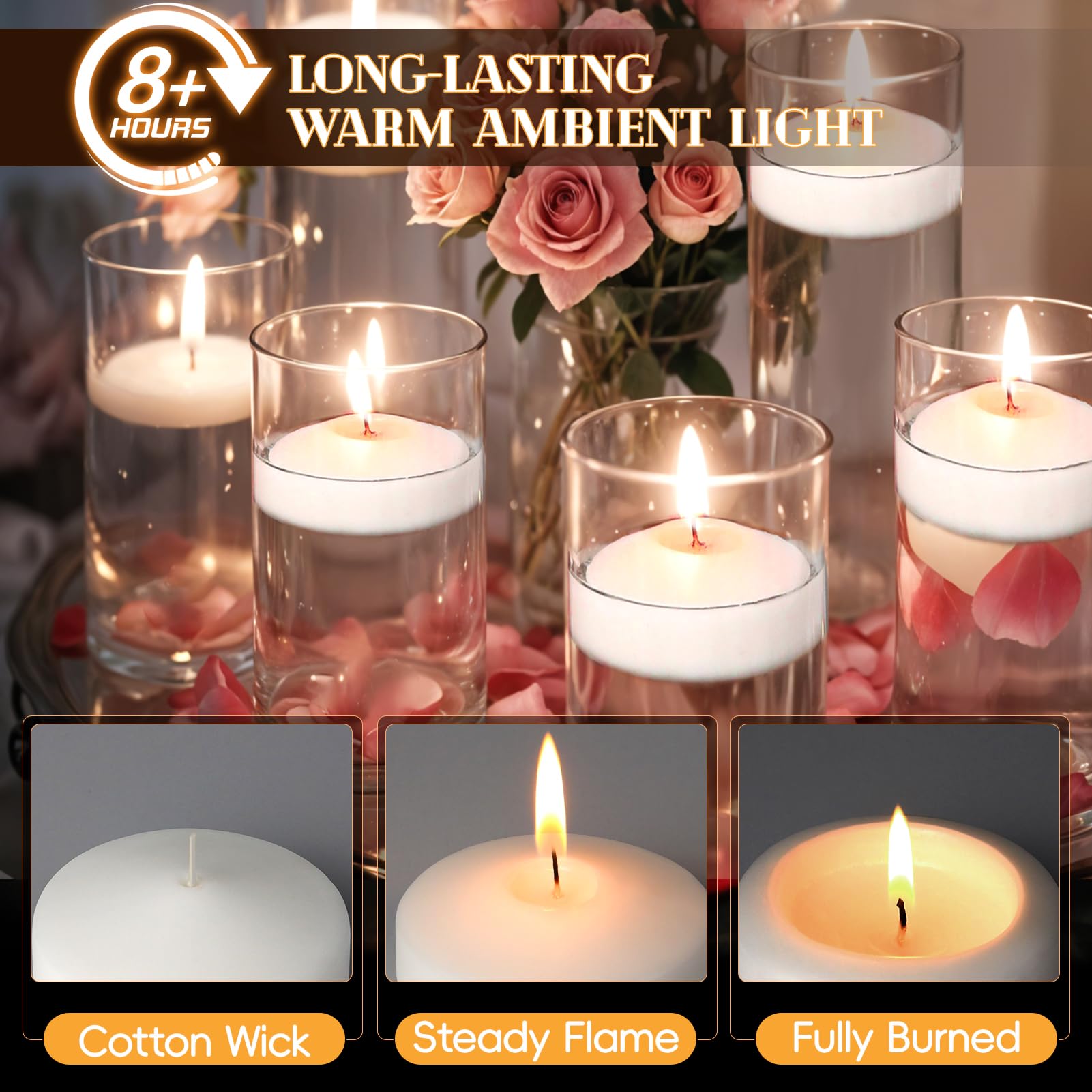 Velas flotantes blancas de 3 pulgadas, paquete de 60 velas flotantes sin perfume para centros de mesa, 8-9 horas, velas flotantes activadas por agua a granel para jarrones cilíndricos, día de