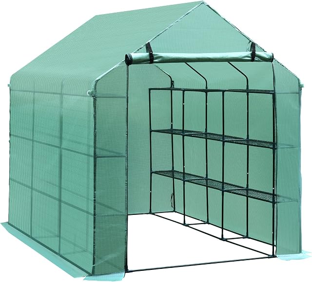 Outsunny Poly Tunnel Steeple Walk in Garden Greenhouse with Removable Cover Shelves - Green 244 x 182 x 213cm