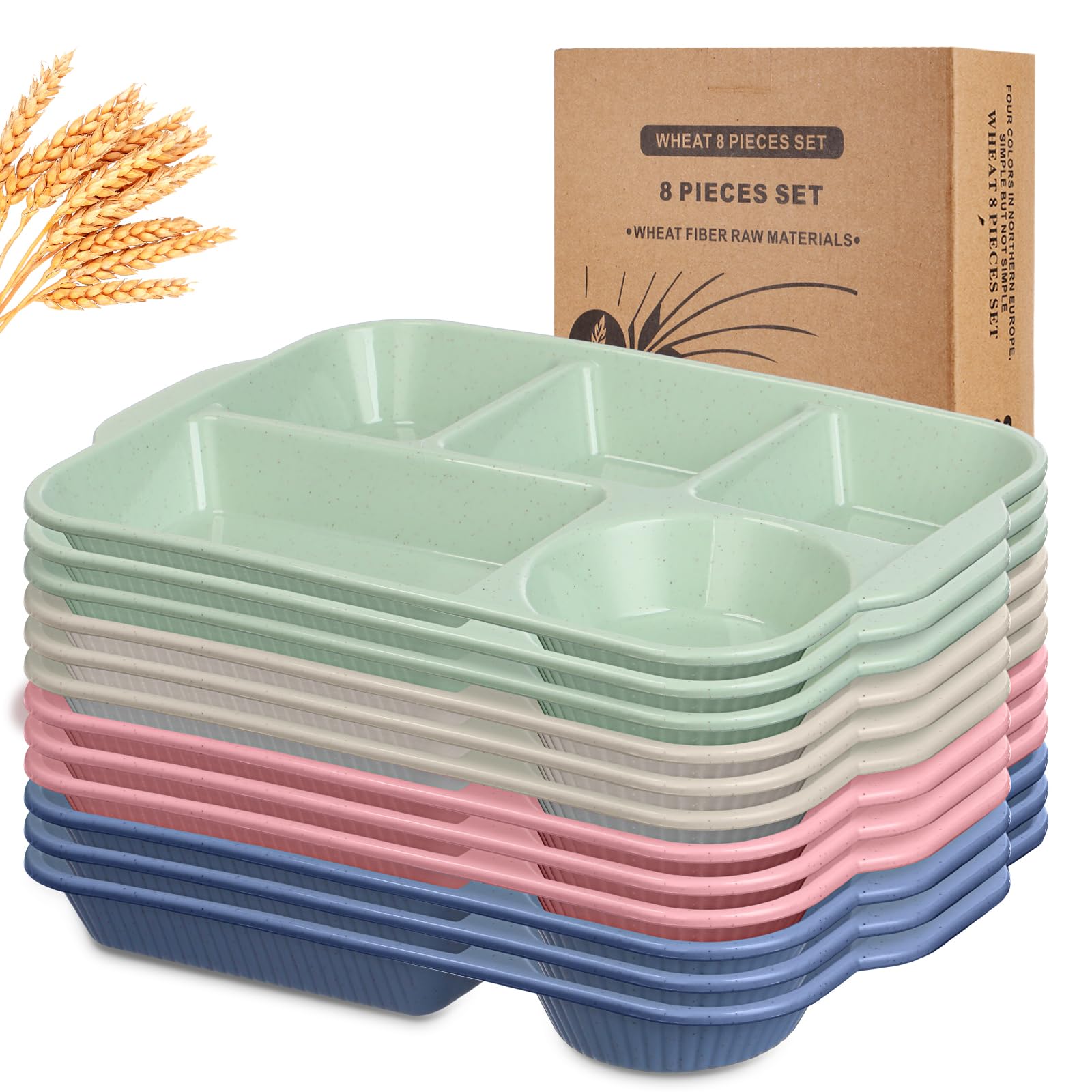 Pinkunn 12 Pcs 13'' Large Divided Plates Reusable Unbreakable Wheat Straw Plates 5 Compartment Lunch Trays Bulk Microwave Dishwasher Safe Food Portion