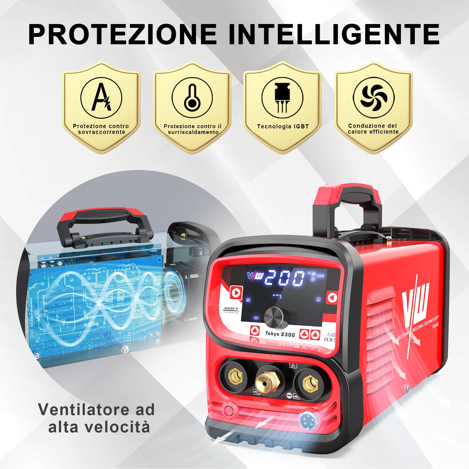 Saldatrice TIG 200A DC con Funzione Impulso e IGBT, MMA, Daldatore TIG con Grande Display LED, Avvio a Caldo, Arc Force e Nove Slot di Memoria, Tokyo 2300 - Vector Welding