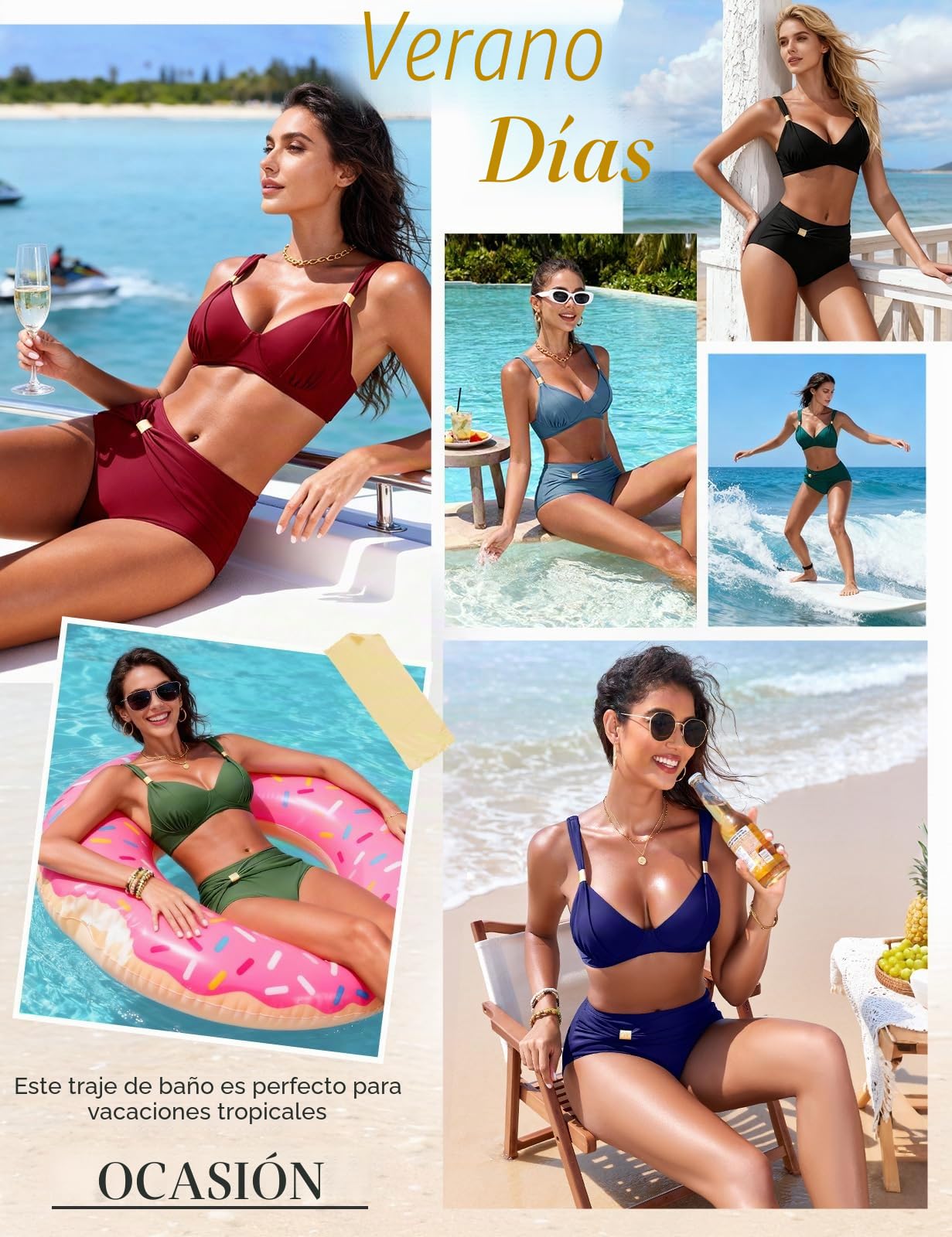 Nadeer Traje de Baño para Mujer Push Up Sexy Elegante Cuello en V Dos Piezas Conjuntos de Bikini Metal Dorado Control de Vientre de Cintura Alta Bañador de Playa