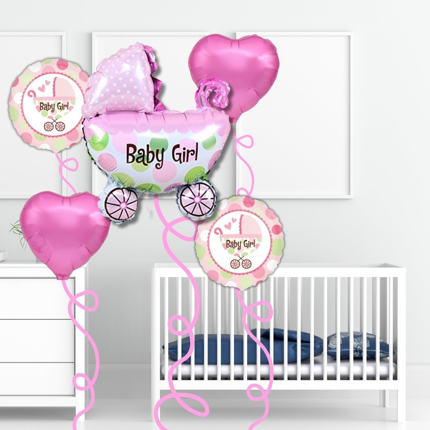 Party Anthem Baby Girl Pink Pram Balloon Bouquet - Pack of 5 | Ideal for Baby Showers, and Newborn Celebrations | Long-Lasting Balloons for Home Decor