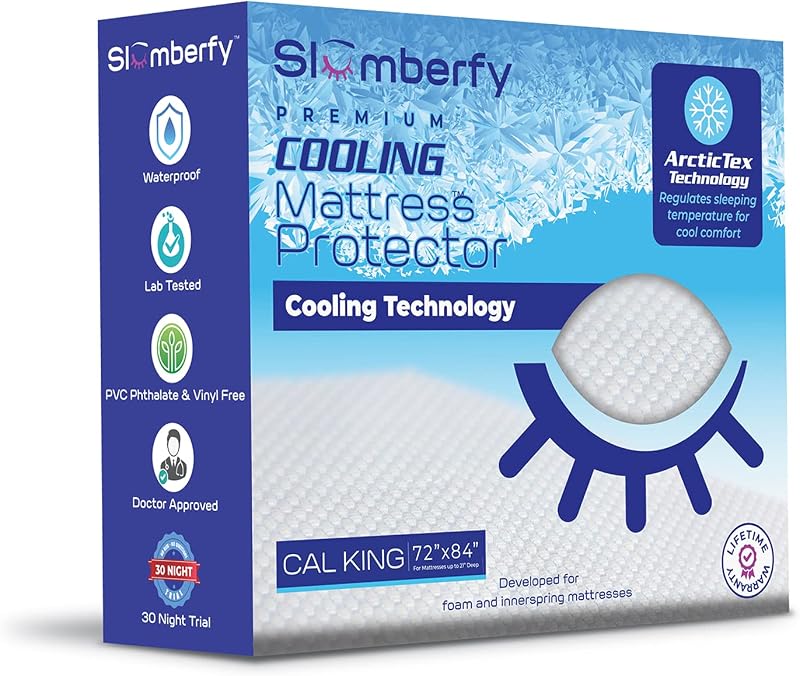 Cal King Size Waterproof Cooling Mattress Protector by Slumberfy, 72x84 in | Premium Skin-Safe Quilted Mattress Cover, Natural Fabric with ArcticTex Technology, Noiseless