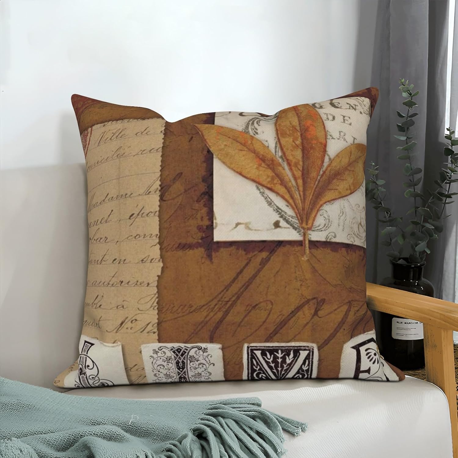 4 Pcs/Set Fall Leaf Pillow Covers Autumn Yellow Maple Leaves Boho Vintage Patchwork Stamp Style Handwritten Throw Pillow Covers for Outdoor Couch Sofa Farmhouse Bedroom Decor, 24"x24"