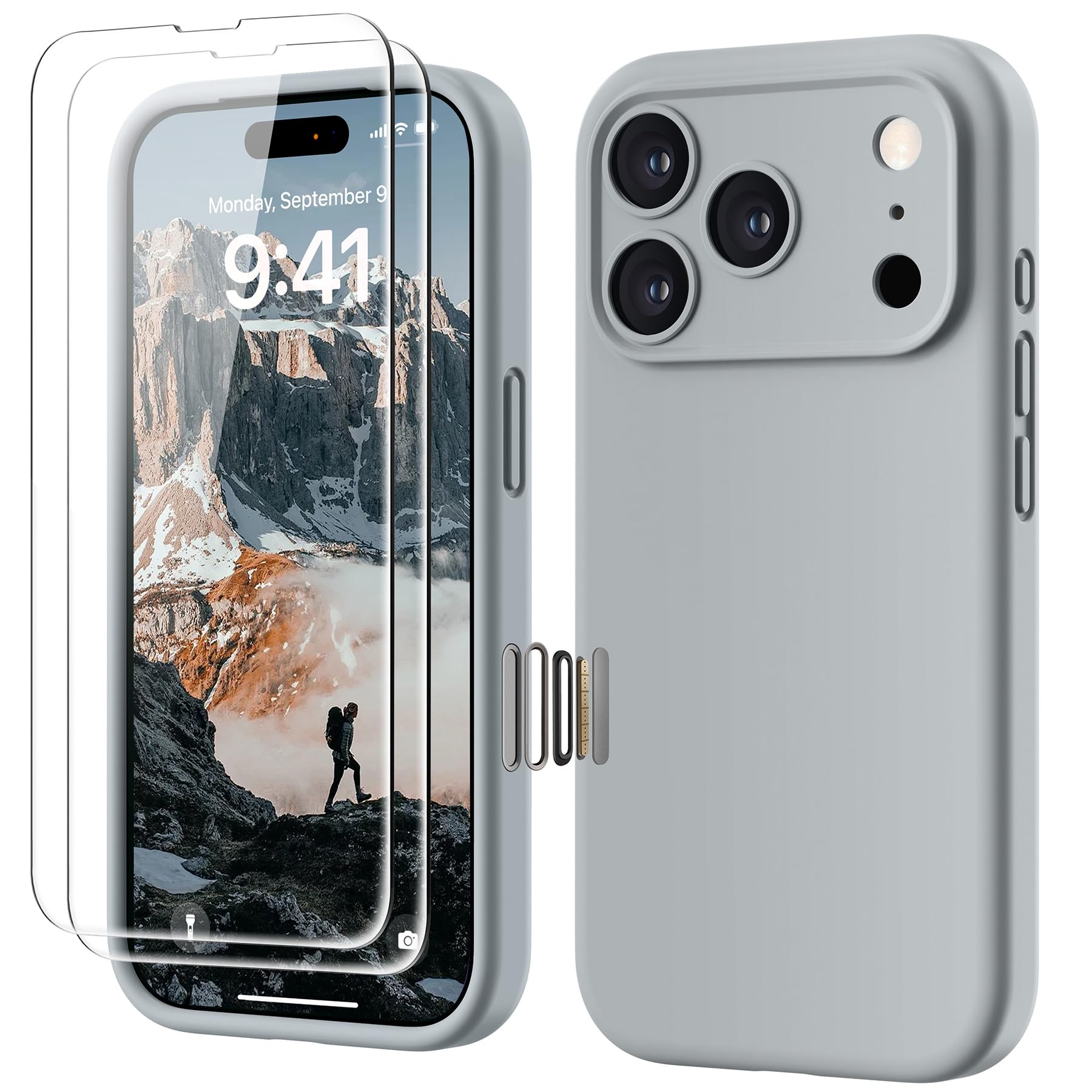 GOODVISH Silicone Cover per iPhone 17 Pro 6.3", Custodia con 2x Vetro Temperato [Pulsante Controllo Fotocamera] 360° Protezione Anticaduta Case per Cellulare Antiurto Resistente, Grigio Acciaio