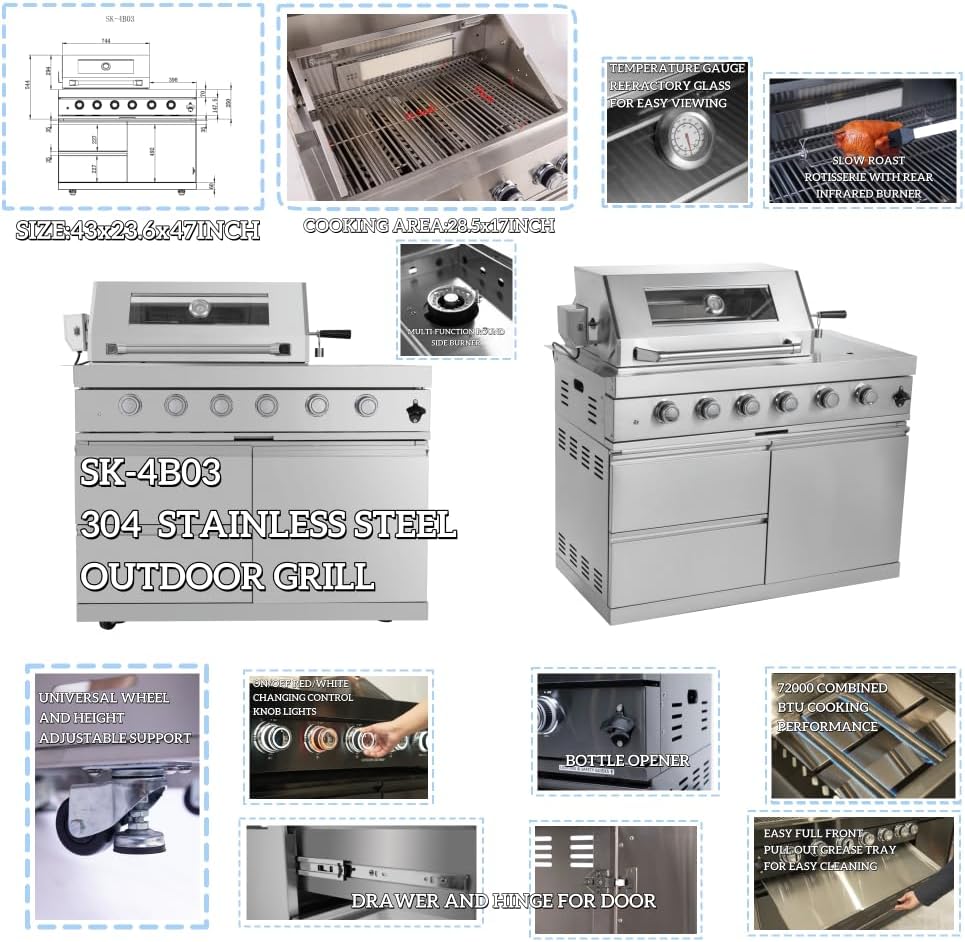 Premium Stainless Steel Outdoor Kitchen Island with Built-in Grill, Side Burner, Rotisserie Kit, Granite Countertop and Sink (Silver + Stainless Steel + American Design + American Traditional)