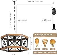 Vista 4 de Rustic Farmhouse Plug in Pendant Light Fixture with Adjustable Chain, Dimmable Switch, 14.5 inch Industrial Oak Wood and Metal Cage Hanging Lamp for