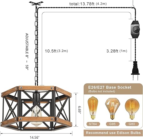 Miniatura 4 de Lámpara colgante rústica de granja con cadena ajustable, interruptor regulable, lámpara colgante de madera de roble industrial y jaula de metal de