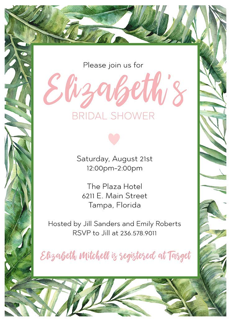 Tropical Bridal Shower Invitations Tropic Vibes Wedding Invites Palm Trees Hibiscus Pink Tropics Printed Customized Personalized Custom Cards (12 count)