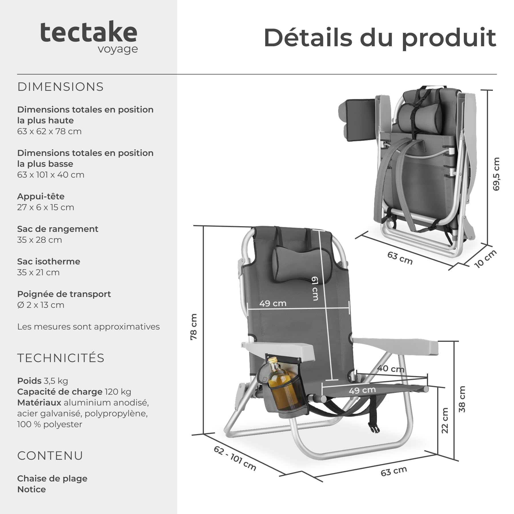 tectake® Chaise pliante Chaise Plage Fauteuil Camping, Cadre en Aluminium inoxydable, Dossier réglable 5 positions avec Appuie-tête Porte gobelet Sac isotherme intégré Accessoire plage Voyage Festival